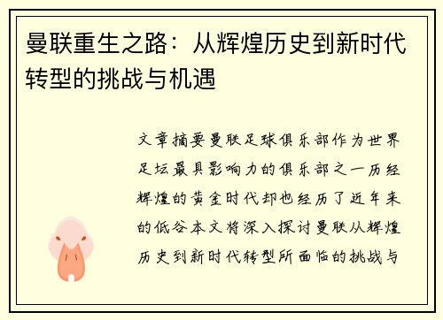 曼联重生之路：从辉煌历史到新时代转型的挑战与机遇