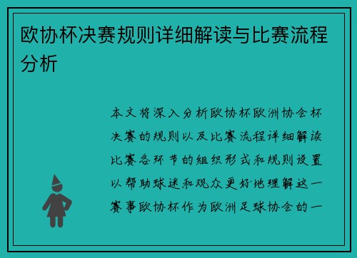 欧协杯决赛规则详细解读与比赛流程分析