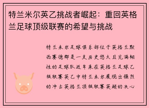 特兰米尔英乙挑战者崛起：重回英格兰足球顶级联赛的希望与挑战